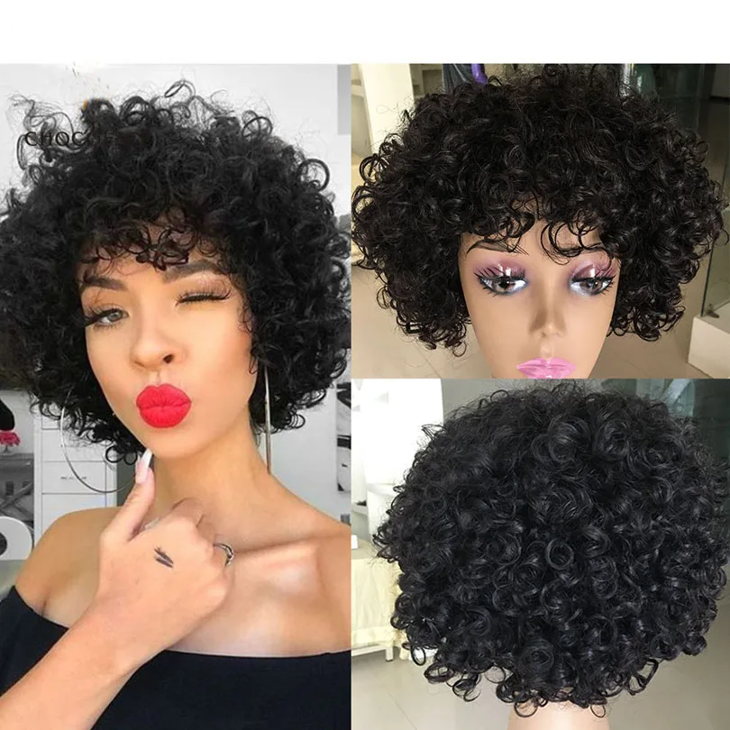 

Short Funmi Curly Human Hair Wig with Bangs Silk Base Scalp Machine Made Curly Wigs For Women Natural Looking DHL Fast Shipping