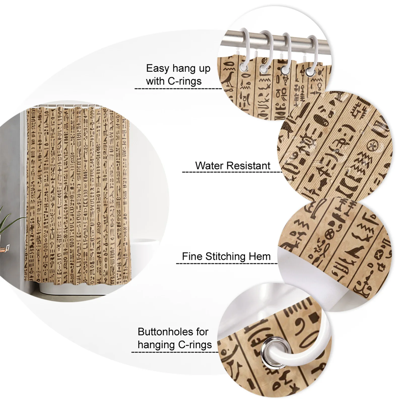 

Ancient Egypt Hieroglyphs Retro Style Shower Curtain Polyester Fabric Bathroom Home Decor Waterproof Shower Curtains with Hooks