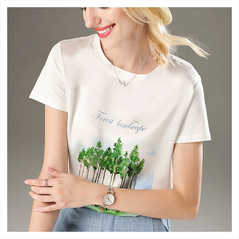 

Silk T-shirt Female 2020 Summer Popular Printing Stitching Short-Sleeved New Style Temperament round Neck Fashion Top
