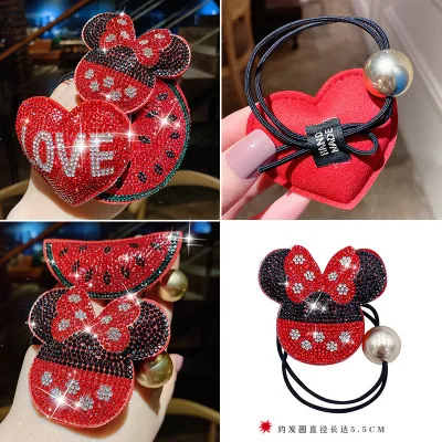 Диснейский корейский детский резиновый ремешок с высокой эластичностью с камнями-стразами, кукла-любовь, маленькая медвежонка-девочка, красный резиновый ремешок с рисунком мультяшного волоса.