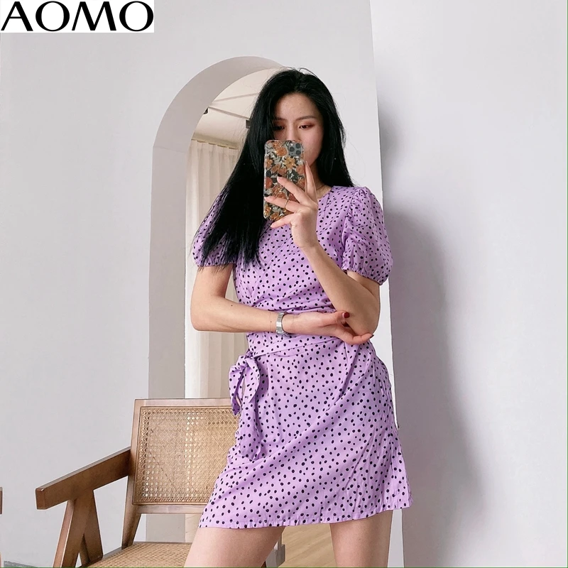 Женское мини платье с поясом AOMO фиолетовое винтажное короткое в горошек коротким