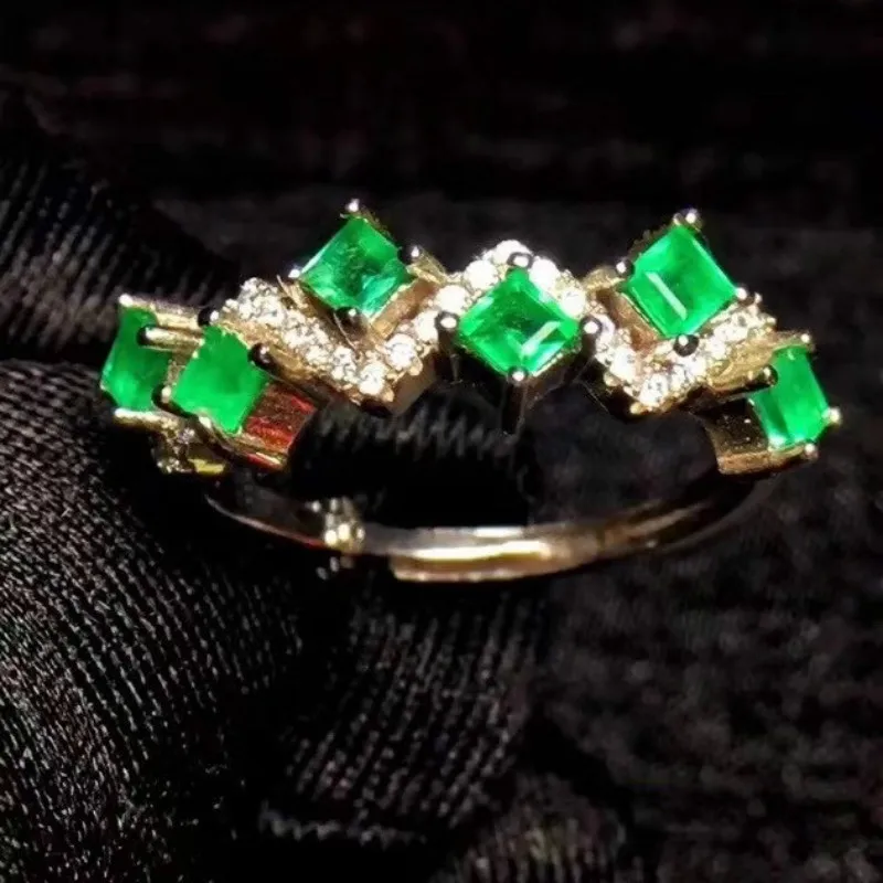 Women's New Ring Natural Emerald Ring 925 Silver Simple Design Fresh and Lovely Style