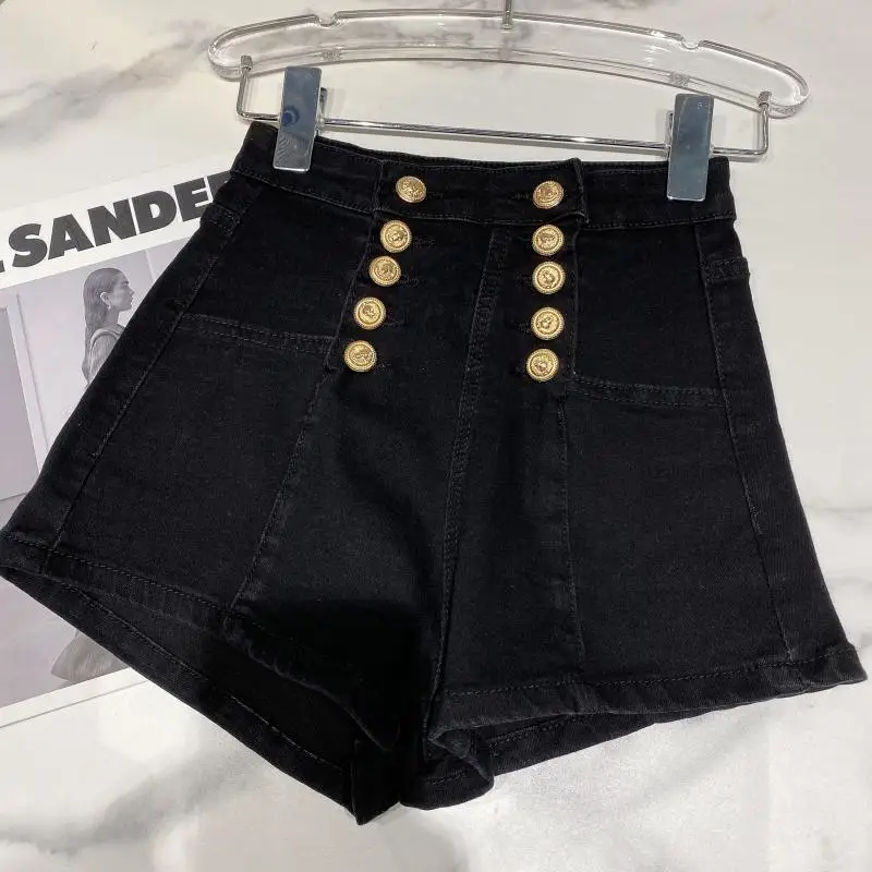 

2021 Summer New Elegant Double-Row Metal Buckle Hot Pants Street Fashion Denim Shorts for Women
