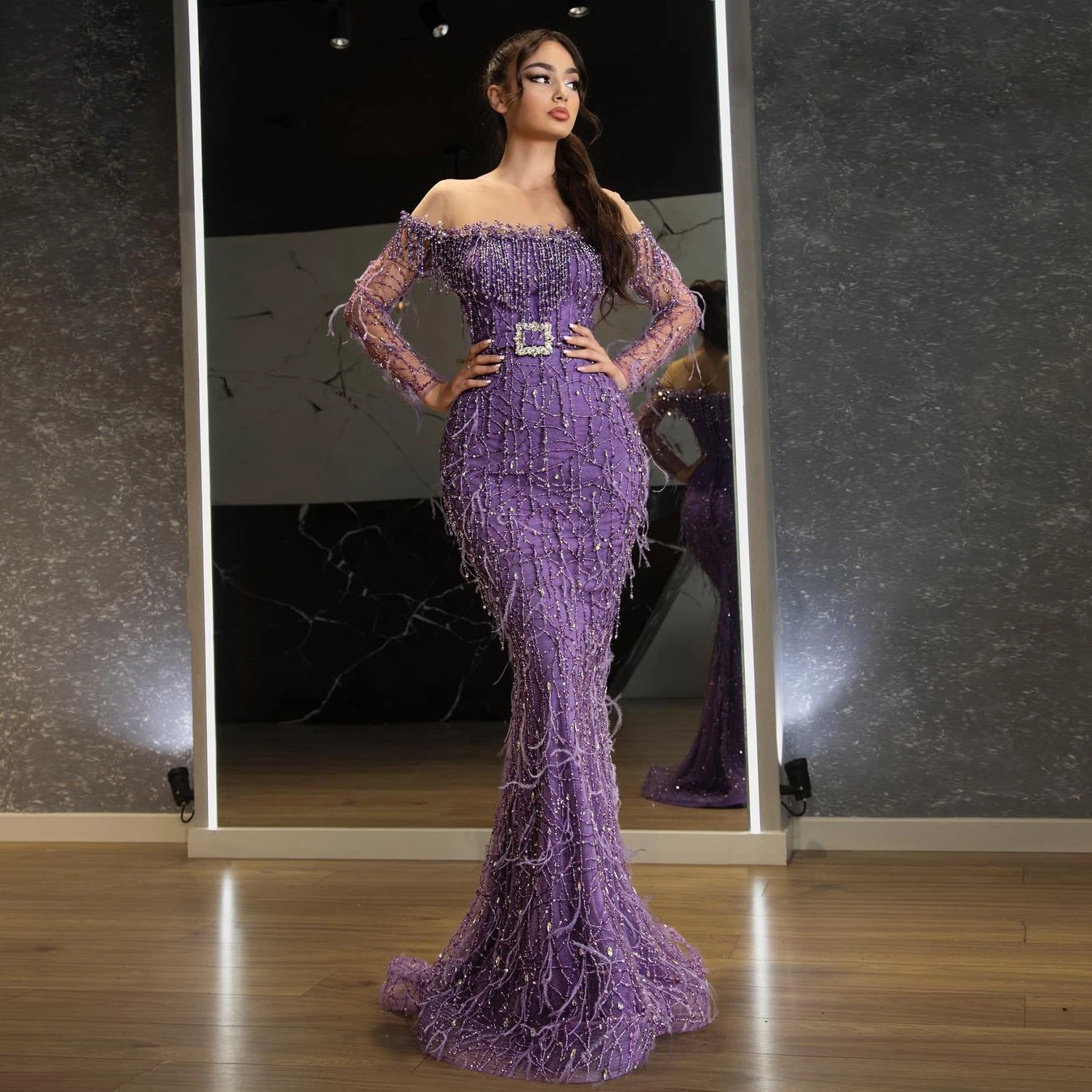 

Charming Elegant Mermaid Prom Dresses Long Sleeves Off The Shoulder Tassel Sequins Women Evening Party Gowns Plus Size Custom