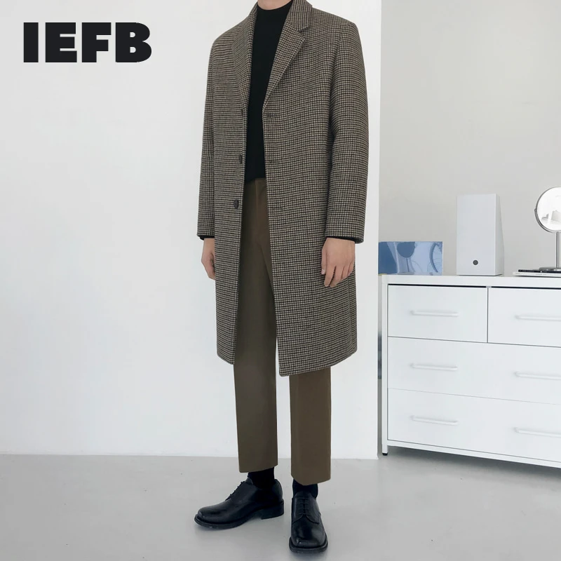 IEFB Plaid Woolen Coat Men's Mid Long Autumn Winter Thickened Korean Handsome Trend Windbreaker Over Knee Tweed Coat New