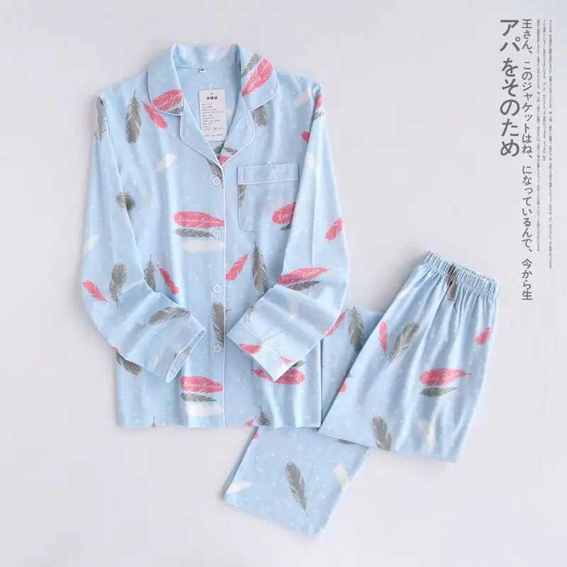 Весна New Ladies пижама Set Перо Печатный Полный хлопок Свежий стиль пижамы набор