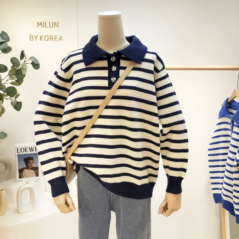 

Women's Loose Striped Sweater Long Sleeve Turn Down Collar Simple Button Zip Up Knitted Pullover Tops