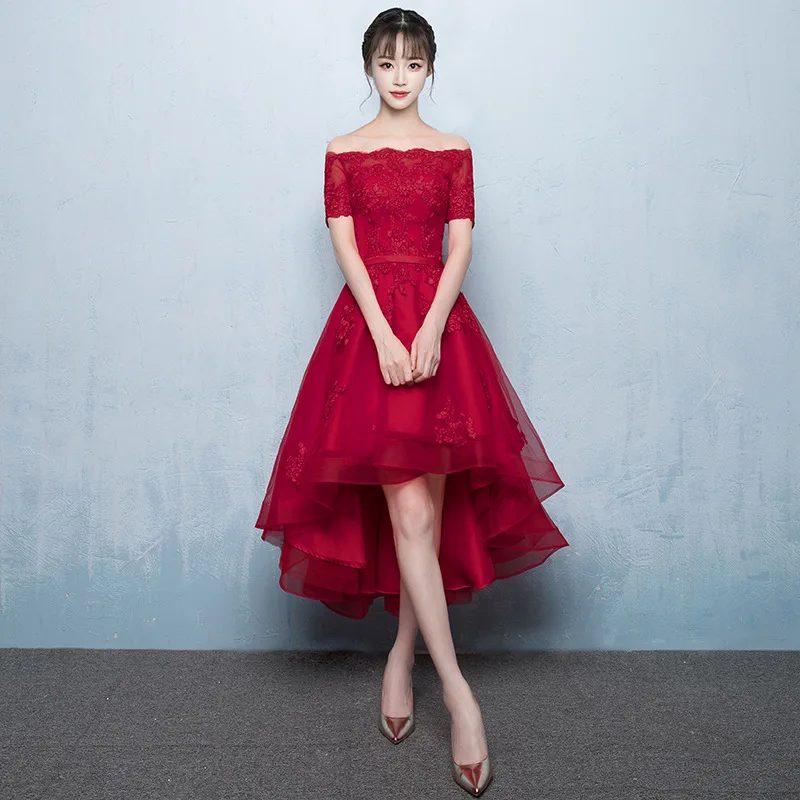 

Pink Women Slash Neck Lace Party Dress Fashion Wedding Banquet Bride Chinese style Elegant Prom Short Mesh Gown Vestido XS-3XL