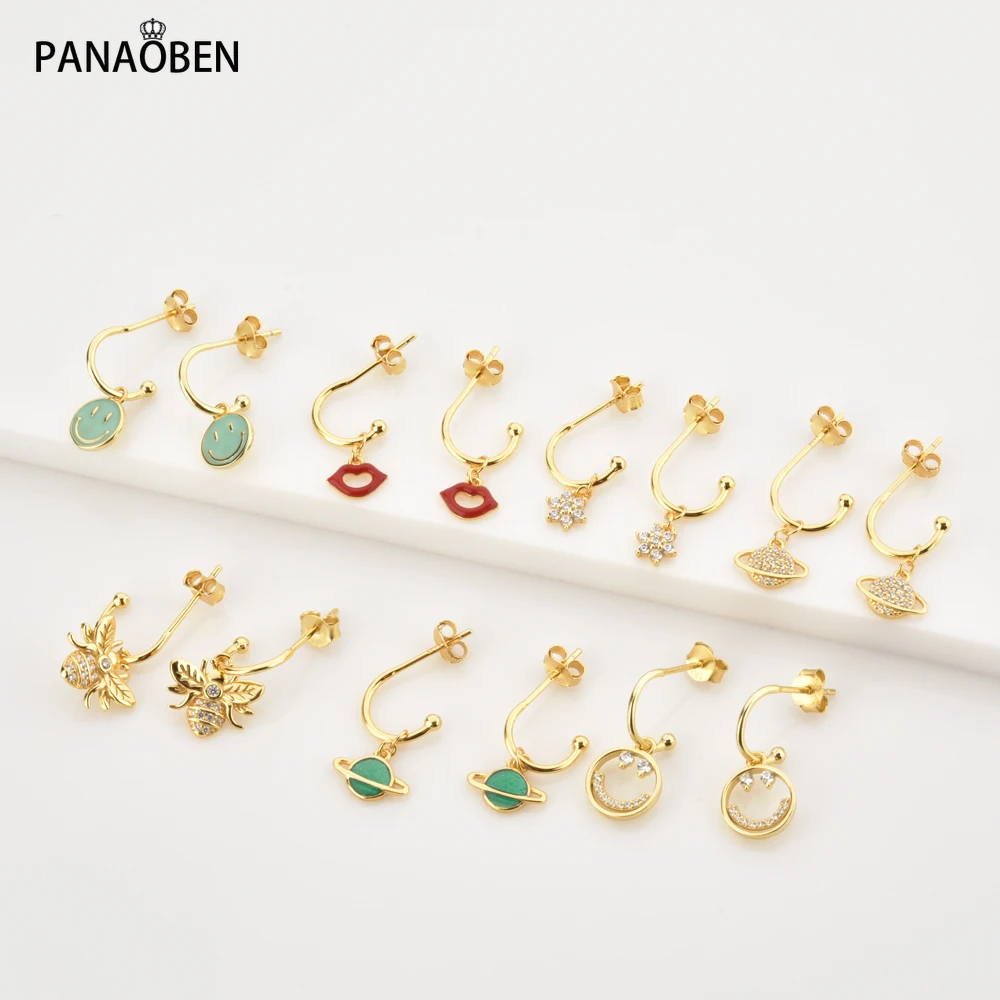 PANAOBEN 925 Sterling Silver Gold Circle Bee Zircon Smily Face Green Saturn Drop Earring Shiny Planet Piercing Pendiente Jewelry