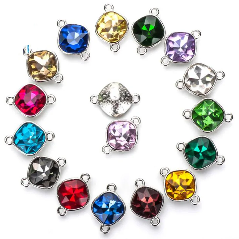 10pcs Crysta Glass Round Square Charms Bracelet Necklace Connector Charm Pendant for Jewelry Making Earring Findings Accessories