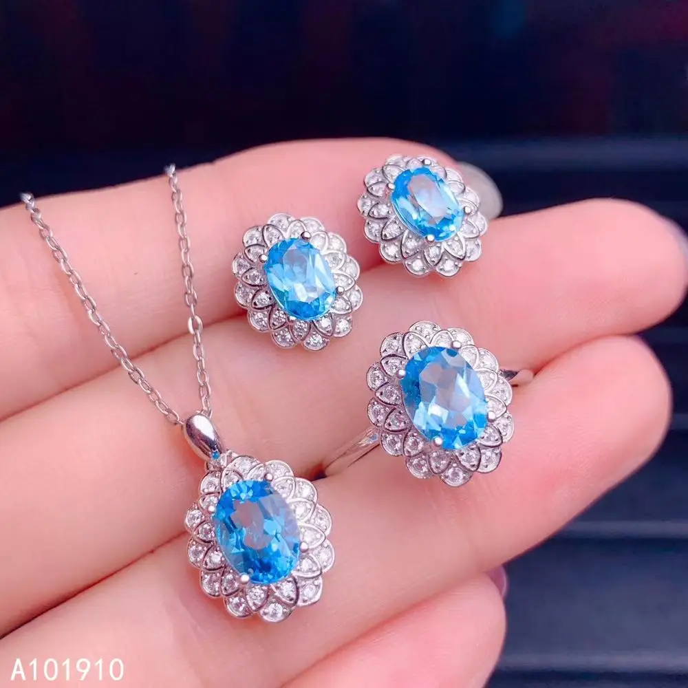 

KJJEAXCMY boutique jewelry 925 sterling silver inlaid Natural blue topaz Necklace Ring earring Suit Support detection fashion