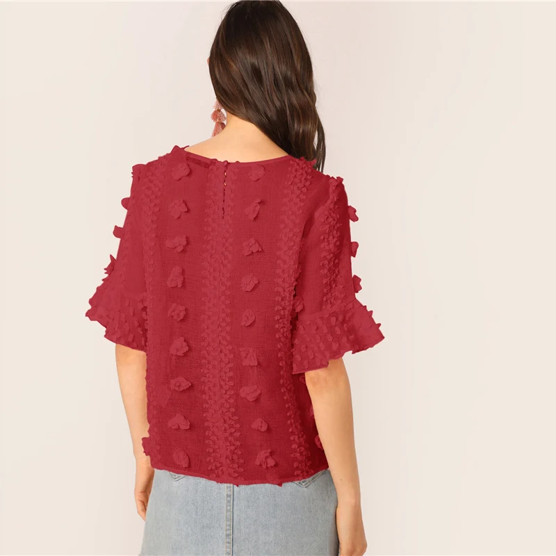 SHEIN элегантный розовый топ с 3D аппликацией и манжетами, блузка для женщин, короткий рукав, круглый вырез, Замочная скважина на спине, летние топы и блузки в стиле бохо