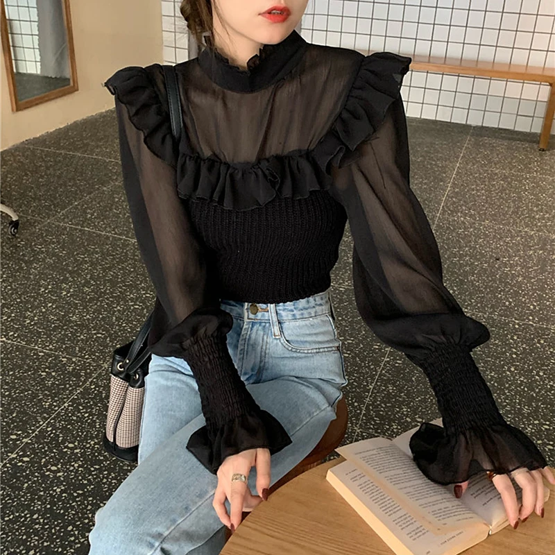 

Ruffles Fake Two Piece Sweater Women Long Sleeve Knitted Sweater Women Spring Summer Patchwork Sweater pull femme hiver