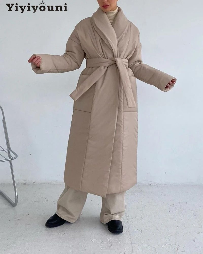Зимние Утепленные парки Yiyiyouni с подкладкой и поясом женские хлопковые Свободные