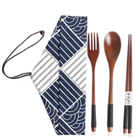 travel handmade portable cutlery set natural wooden cloth bag spoon fork chopsticks