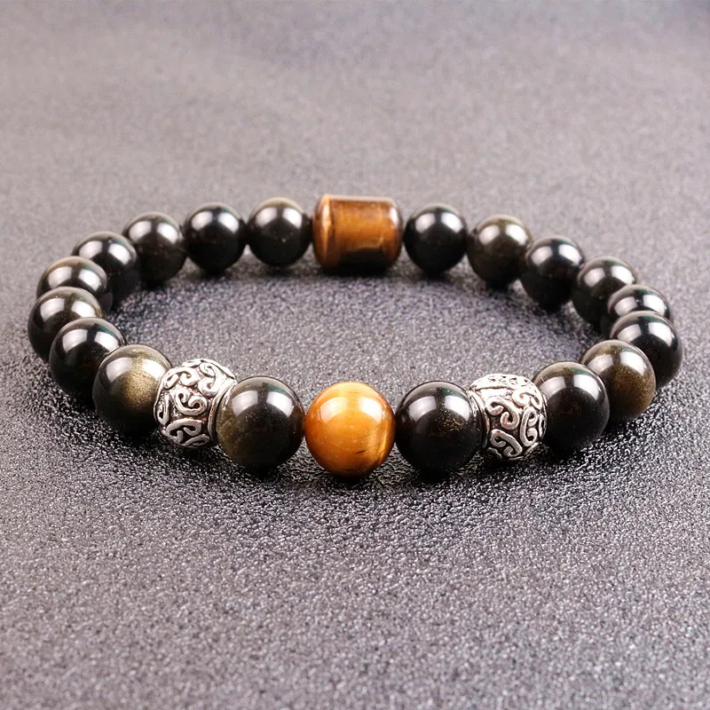 10mm Gold Obsidian Stone with Tiger Eye Beads Men Women Unisex Wristband Black Wealth and Good Luck Bracelet | Украшения и