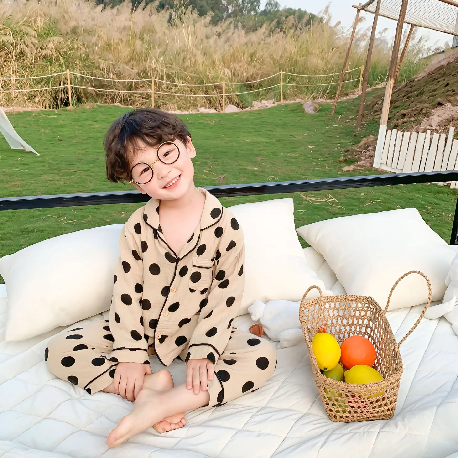 Весенне-Осенняя детская Домашняя одежда из чистого хлопка в горошек 2020 г.