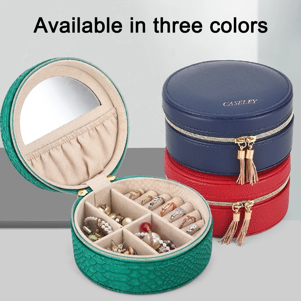

Round Jewelry Organizer Box for Earrings Necklace Rings Bracelet Portable PU Leather Case with Zippers Mirror Green Red Blue