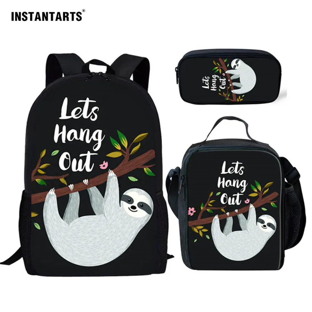 

INSTANTARTS Cute Sloth Pattern School Bags Set for Kids 3pc Primary Schoolbag Children Shoulder Bagpack Teenagers Large Satchel