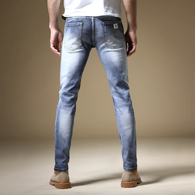Men Stretch Light Blue Jeans Fashion Cotton Straight Slim Fit Pants Casual Streetwear Denim Trousers