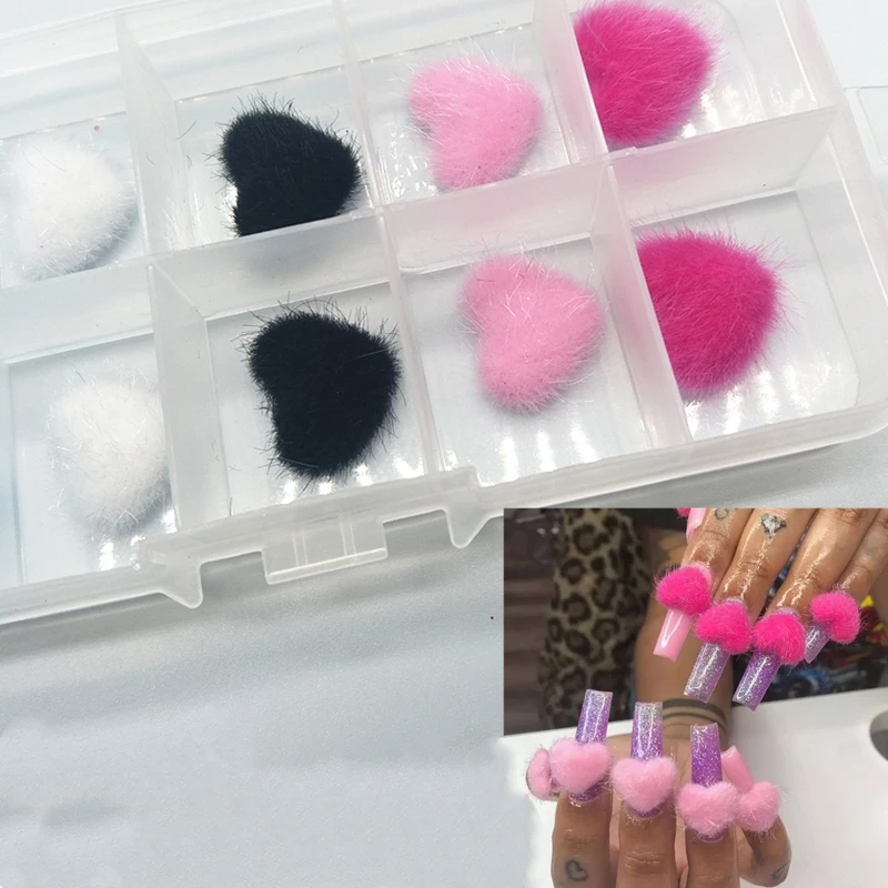 

10PCS/Box Pompoms Plush Heart 3D Nail Art Decorations Detachable Magnet Nail Pompom Fashion Jewelry Manicure Design Accessories