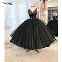 verngo black ball gown tulle prom dresses lace applique v neck fluffy corset evening party gowns ankle length formal dress 2021