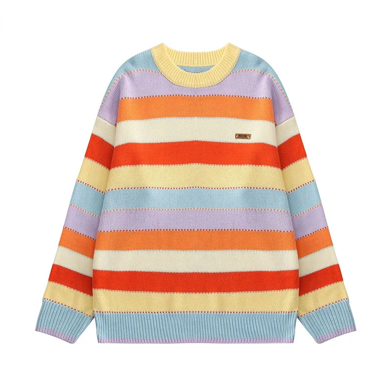 

2022 Harajuku Streetwear Sweaters Rainbow Stripe Knitted Jumpers Sweater Hip Hop Casual Loose Mens Fashion Knittwear Tops