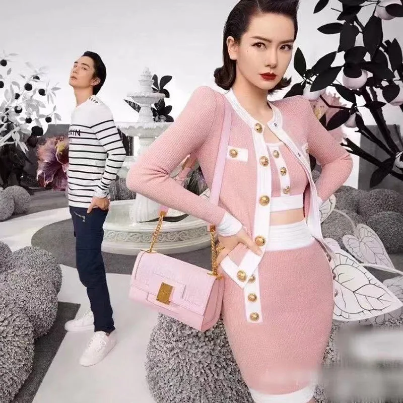 

The Latest French Lady Age-Reducing Fall Hit Color Three-Piece Knit Luxury Long-Sleeved Top Sexy Short Vest With Slim Hip Skirt