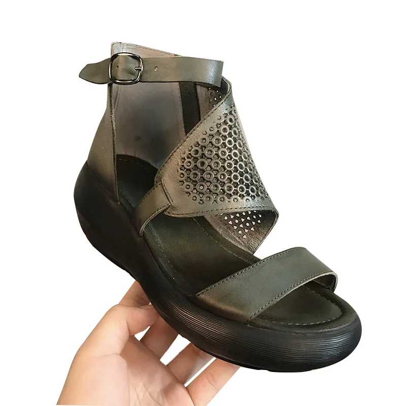 

Careaymade-New summer Genuine Leather andmade shoes thick soled sandals original hand painted wedge heel side zipper sandals