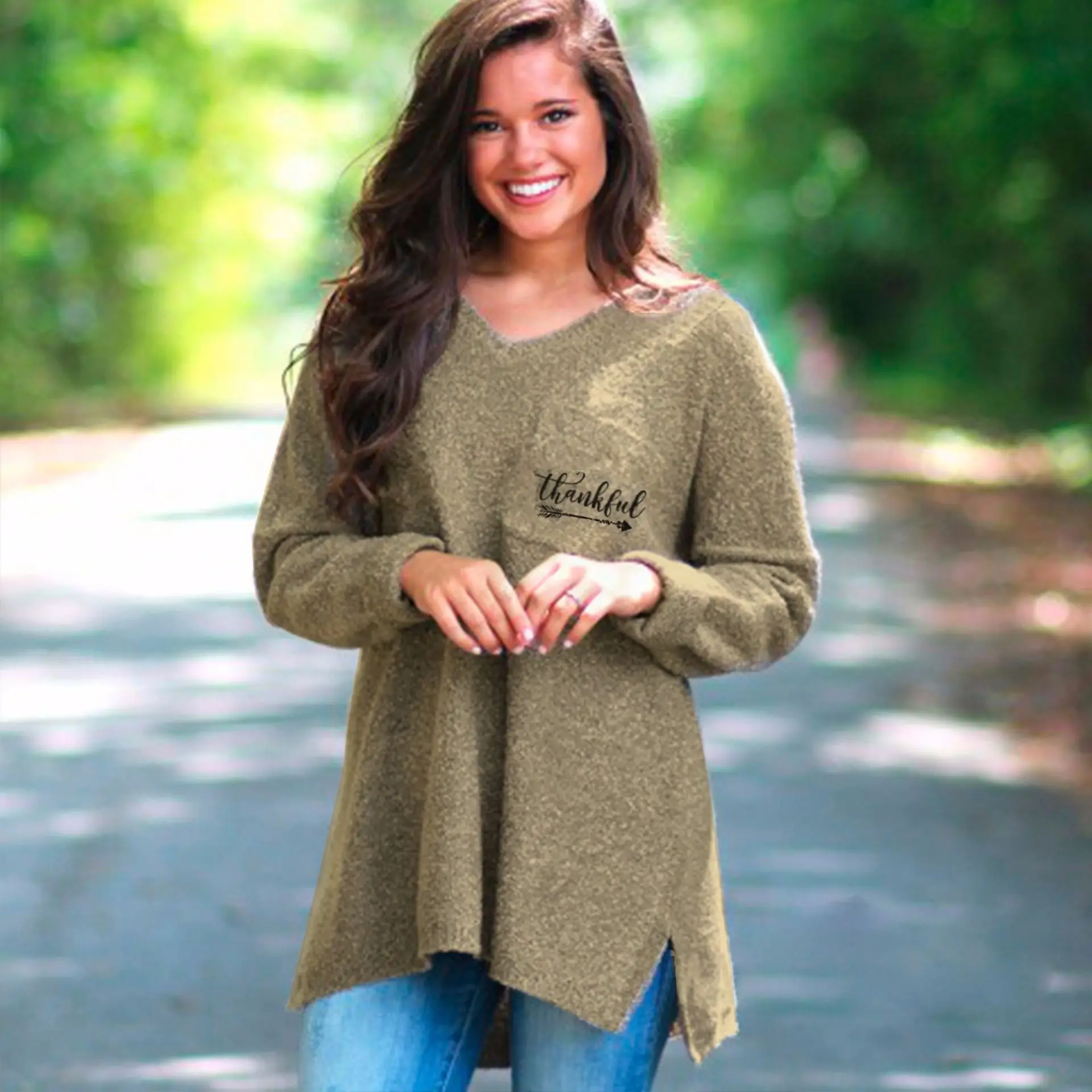 

Осенняя женская футболка с надписью «Thankful», женская одежда, топы, свитера для женщин, осенняя модная женская Милая Классическая удобная оде...