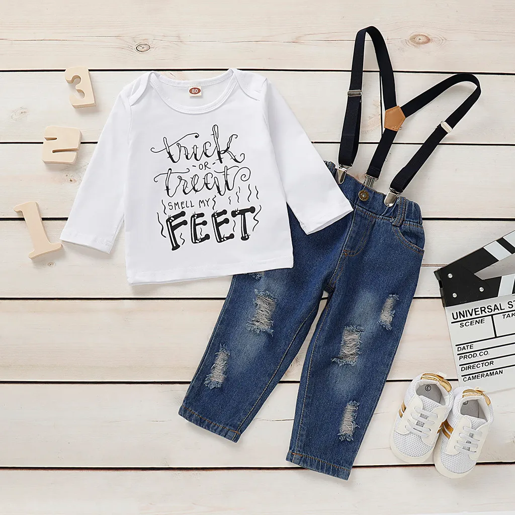 Toddler Kids Baby Boys Letter Shirt Tops+Denim Pants Overalls Gentleman Suit roupas infantis menina high quality W1010 |