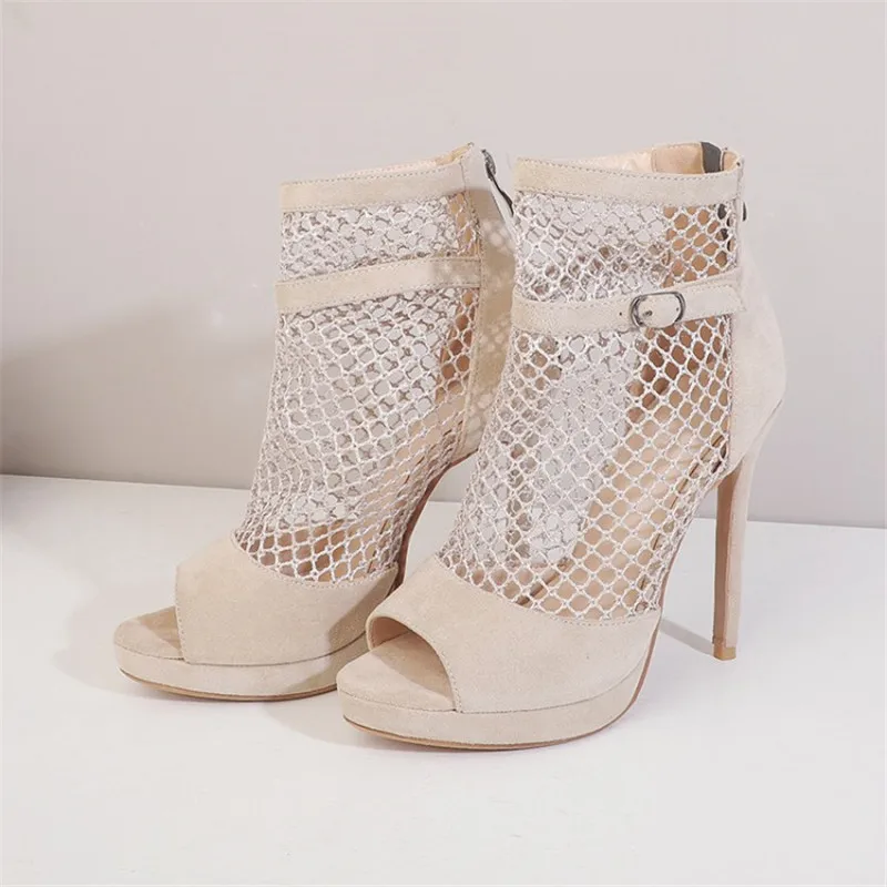 Ботинки женские сетчатые на высоком каблуке 12 см пикантные сандалии молнии с