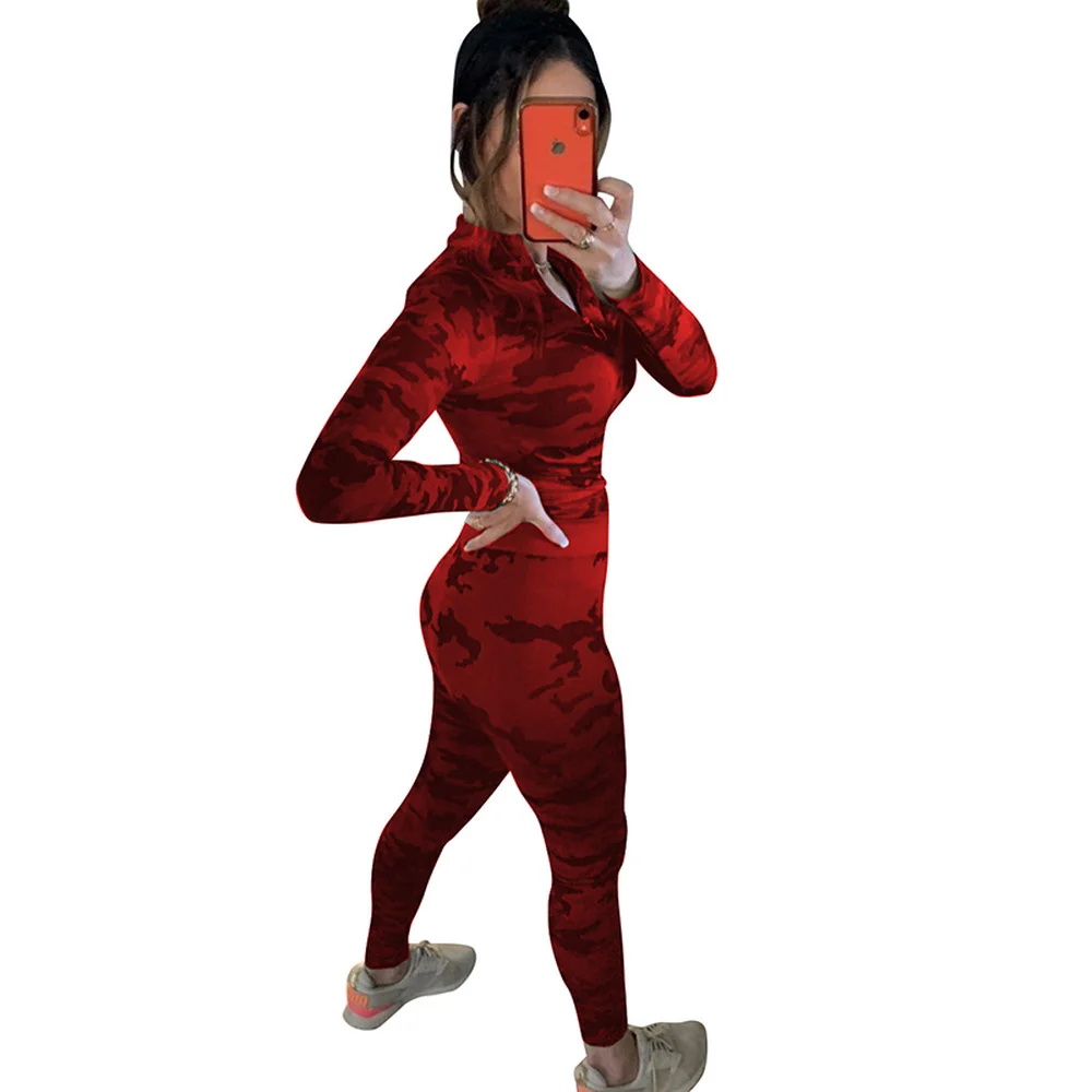 

Camouflage Printed Two Piece Sweatsuit Women Front Zipper Full Sleeve Pullover Top and Skinny Pencil Long Pant Sexy Bodycon Suit