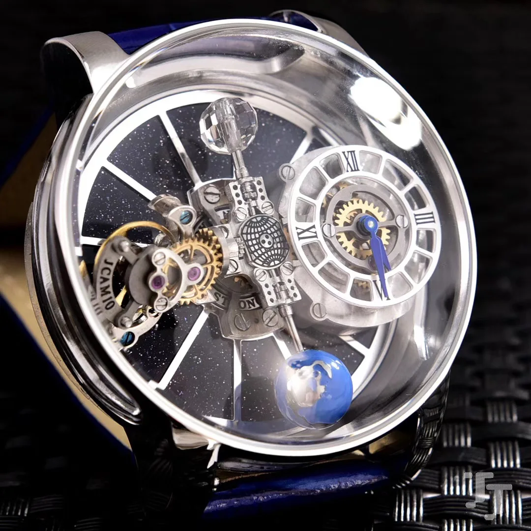 

Luxury Brand New Japanese Quartz Silver Mens Watch Runway European Designer Blue Black Leather Tourbillion Sapphire Ball Glass