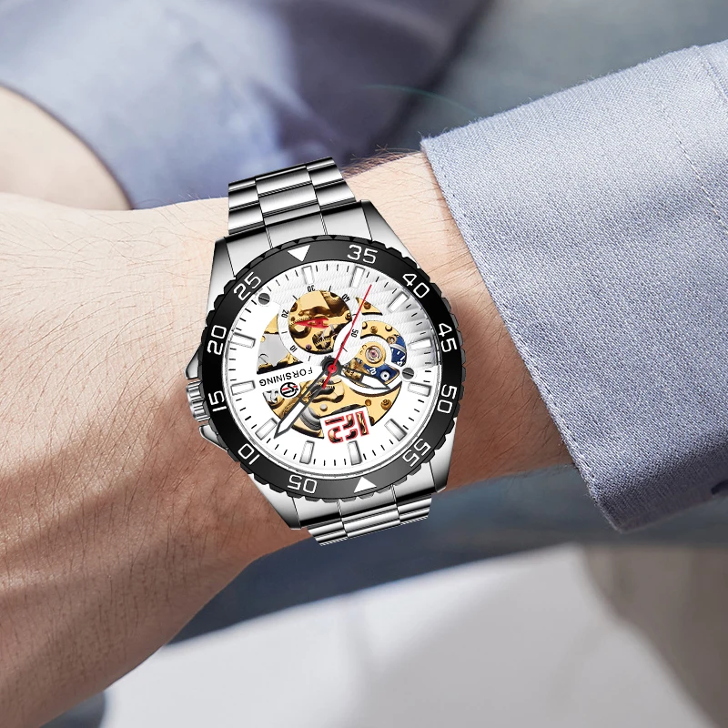 

Man Watches Top Brand Fashion Luminous Sport Silver Wristwatch Mechanical Automatic Steel WristWatch For Business
