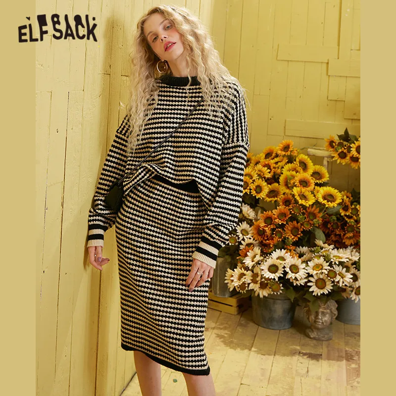 ELFSACK/Повседневный трикотажный пуловер в черную полоску женские комплекты осень
