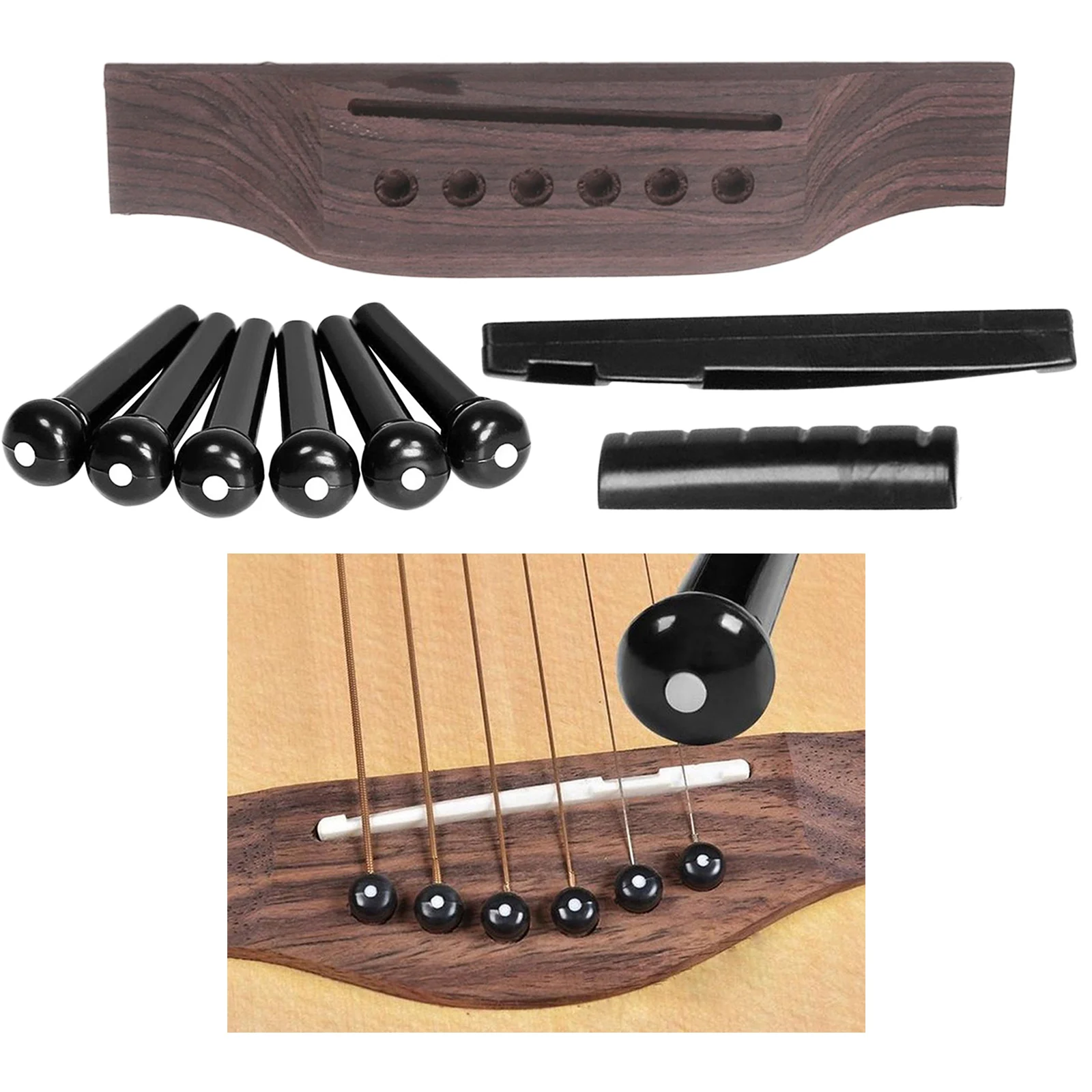 

Комплект для ремонта акустической гитары, включая 1 деревянную гитарную мостик, 6 пластиковых штырей, колышки, 1 гайку, 1 Седло для 6-струнных г...