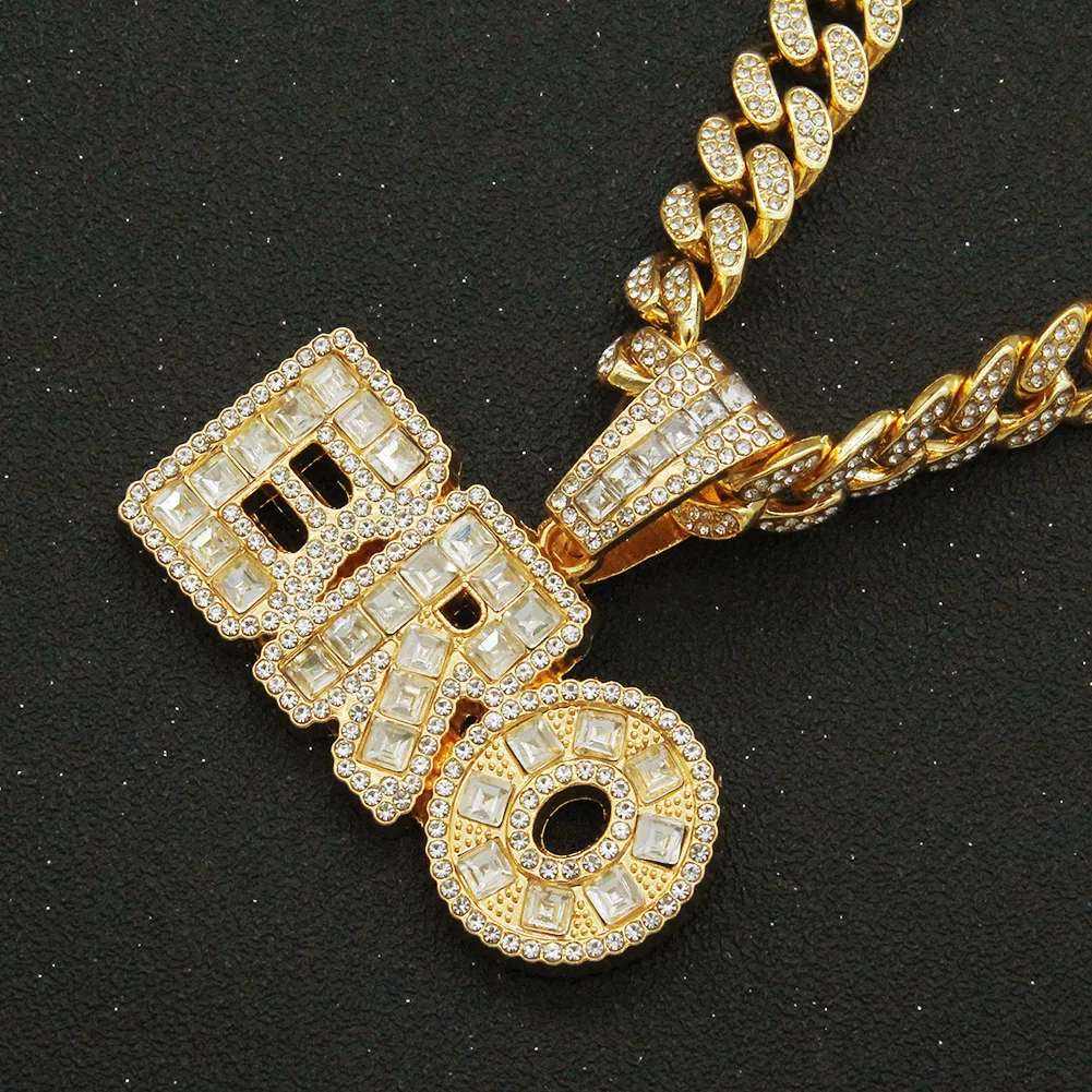 

Men Hip Hop BRO Pendant Necklace with 13mm Miami Cuban Chain Iced Out Bling HipHop Necklaces Male Fashion Jewelry