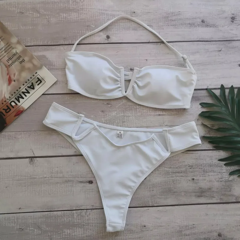 

2020 New Women Bandage Push-up Padded Bikini Set Female White V Neck Swimwear Swimsuit Bathing Suit