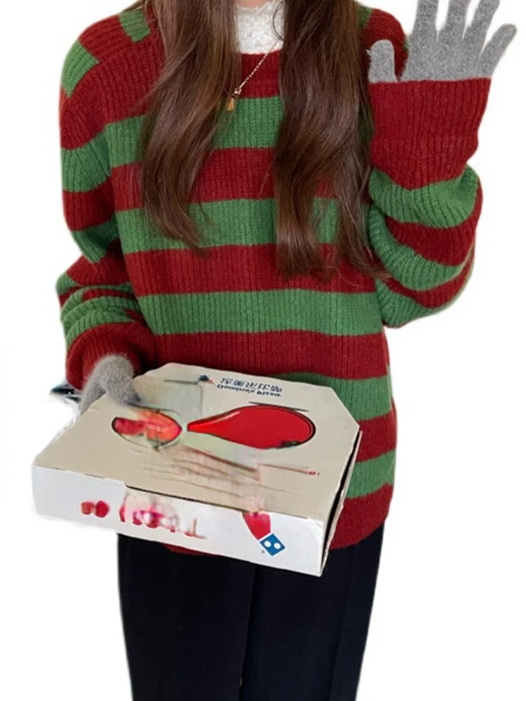 

New Year Christmas Loose-fitting Outer Wear Round Neck Pullover Knit Top Hooded Colorful Christmas Sweater Coat Striped Sweater