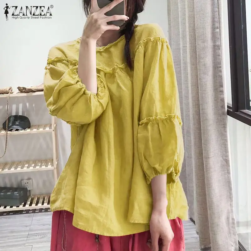 

ZANZEA 2022 Fashion Solid Blouse Women Long Sleeve Autumn Vintage Shirt Casual Loose Button Tops Long Blusas Oversized Chemise