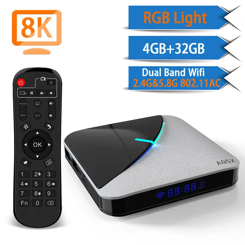 32G tv box A95X воздуха RGB светильник Android 9,0 ТВ коробка 8K 4K Youtube Amlogic S905X3 Netflix, Wi-Fi, 2 ГБ, 4 Гб оперативной памяти, 16 Гб встроенной памяти, 32 ГБ, 64 ГБ, set top tv BOX - Цвет: 32G tv box