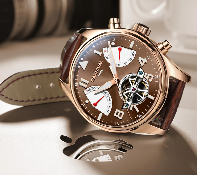 Tourbillon, мужские часы, розовое золото, чехол, синий циферблат, карнавал, автоматические часы, мужские, люксовый бренд, механические часы, Мода