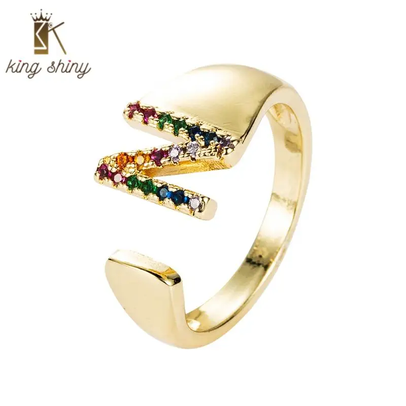 

Elegant Chunky Letter A-Z Copper Rings for Woman Temperament Rainbow Color Cubic Zirconia Alphabet Opening Initials Name Rings