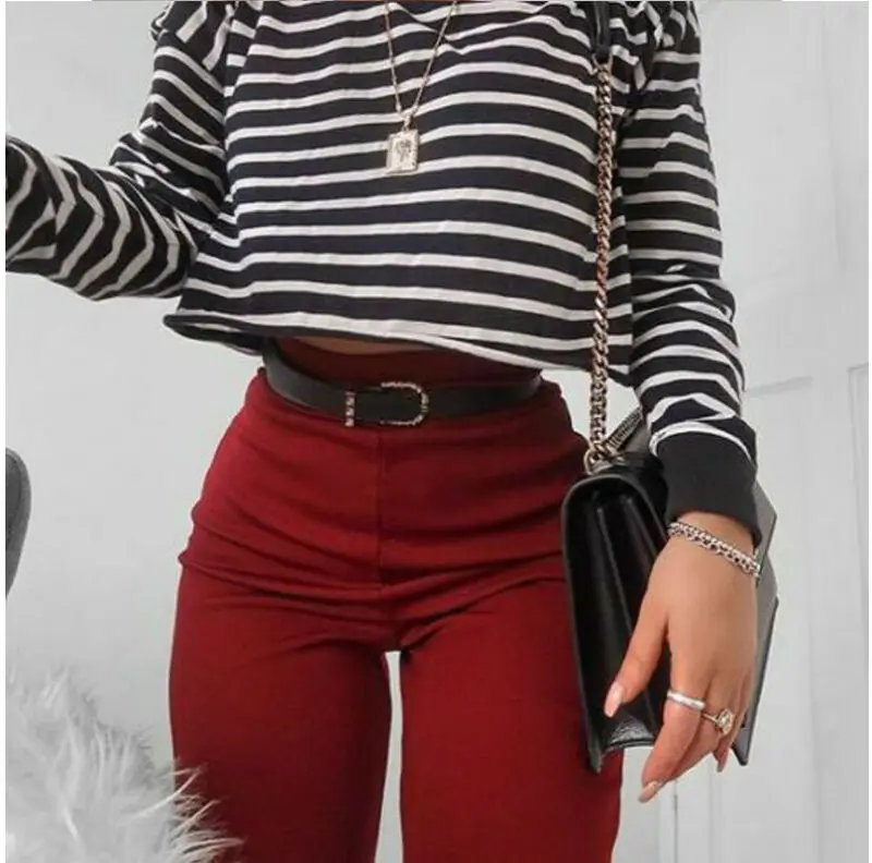 Woman black striped top Round Neck Long Sleeve Street Wear Short Blouses Shirts Fashion woman clothes | Женская одежда