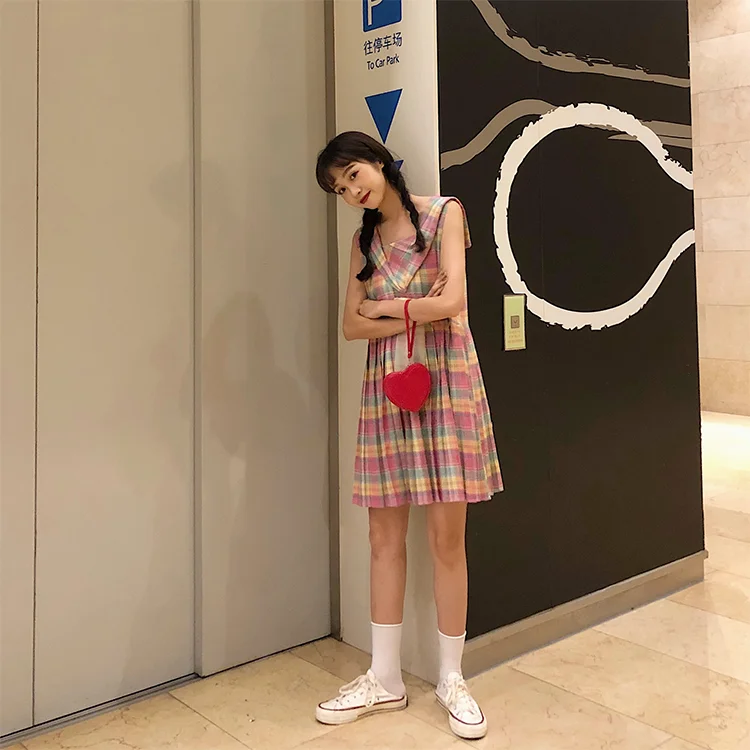 Корейский стиль преппи сладкий красота платье женщина Радуга плед матросский