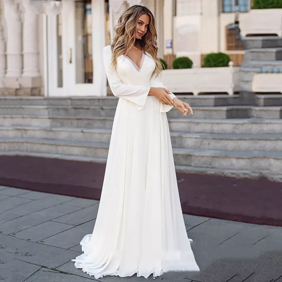 

Elegant Long Sleeves V Neck Satin Wedding Dresses Dubai Saudi Arabic Illusion Back Bridal Gowns Sweep Train Vestido De Novia