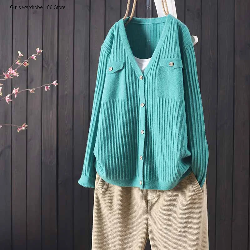 

autumn and winter new loose literature and art pure color knitted cardigan women's casual button long sleeve