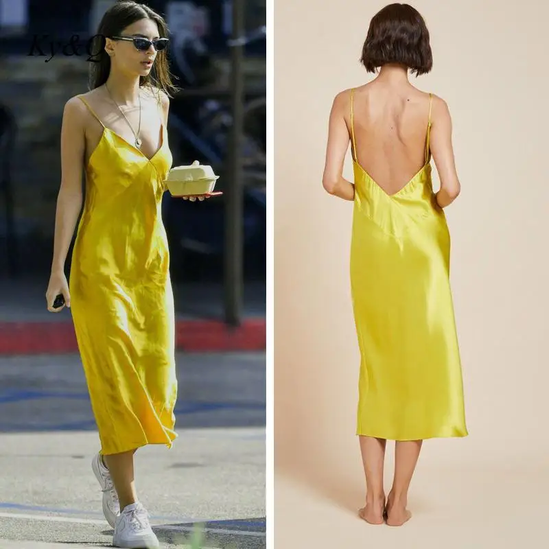 2021 летние новые платья лимонного цвета желтого цвета с открытой спиной в ретро-стиле Шелковистое атласное платье, дизайнерское женское шиф...