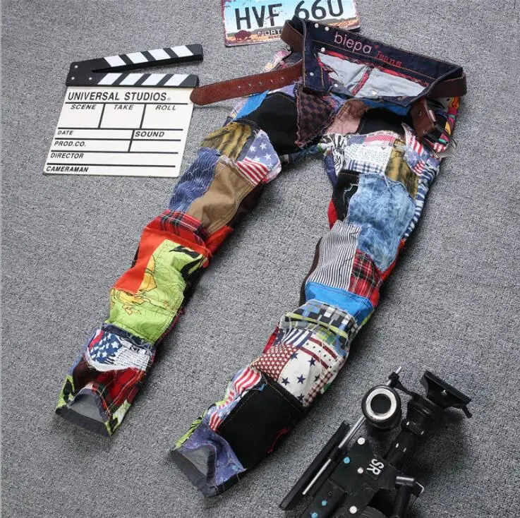 straight-leg slim-fit jeans mens trousers ripped American style colorful cloth stitching washed denim trousers new brand pants